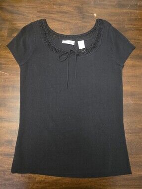 Apostrophe Black Fine Knit Short Sleeve Top - Crochet Trim & Tie Neck - Size M